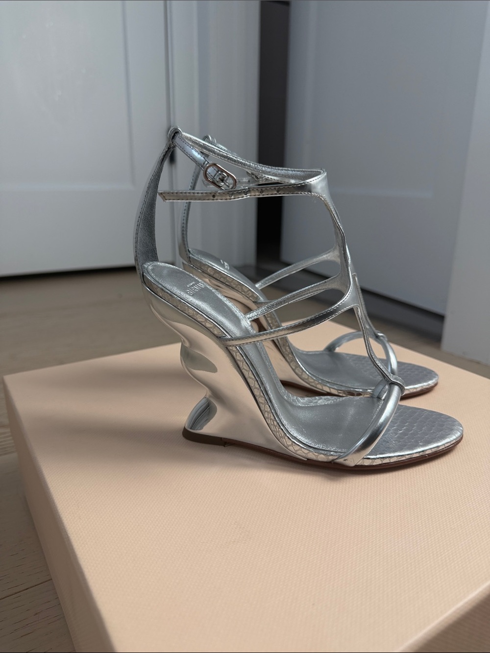 Alexandre Birman Silver Sculptural Wedge Sandals
